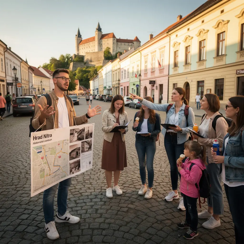 A group of tourists enjoying a guided walking tour through the vibrant streets of an ancient Slovak town.