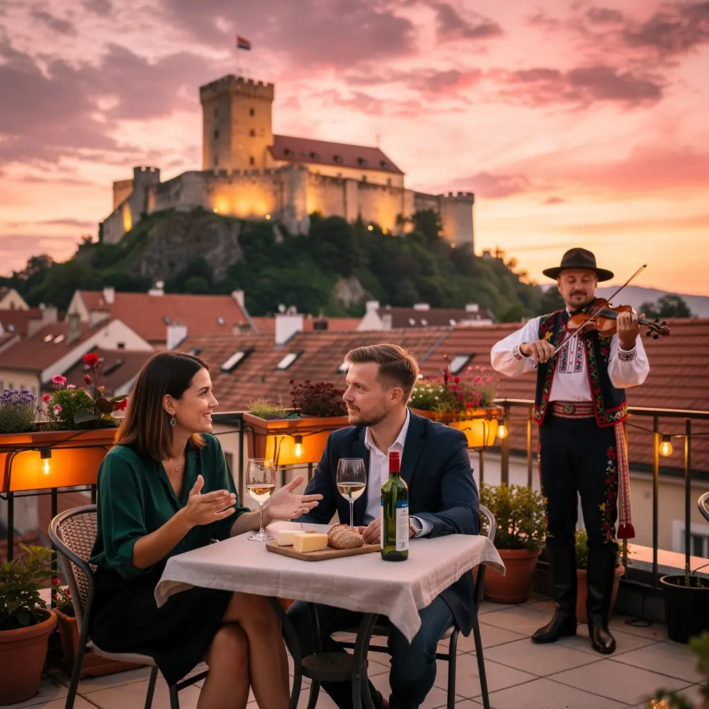 A cultural event in a historic square, featuring locals dressed in traditional Slovak attire and performing folk dances.