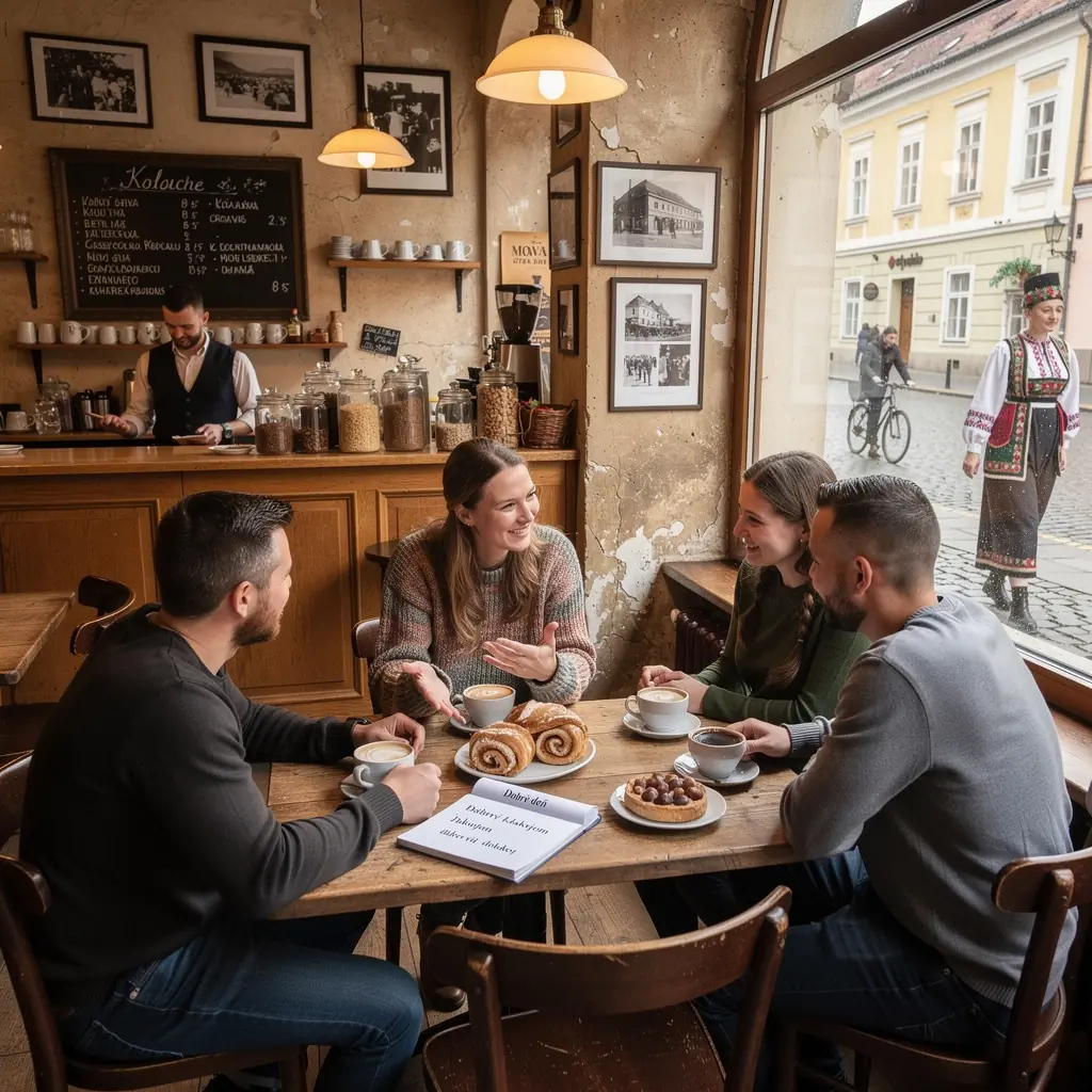 A group of travelers engaging in a guided tour, learning about local customs and etiquette in a vibrant Slovakian square.