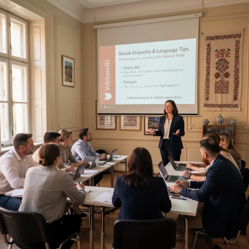 A picturesque view of a cobblestone street lined with charming historic buildings in a Slovakian district.